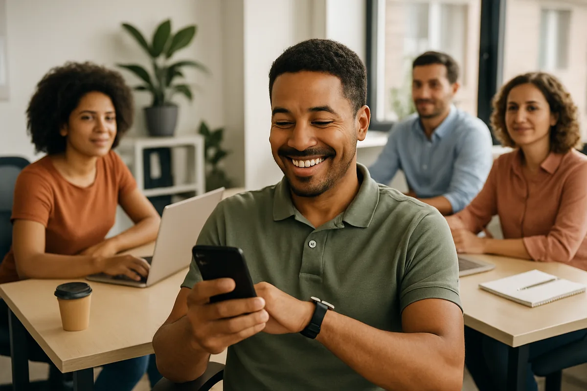Equipe em um escritório conferindo o horário durante o expediente