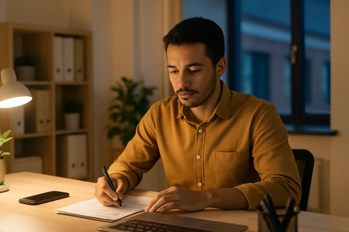 Empregado trabalhando após o expediente em um escritório à noite
