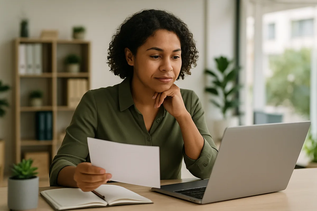 Profissional de RH comparando opções de sistema no notebook